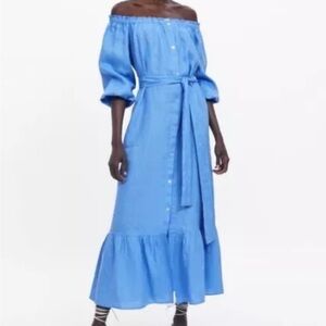NWT Zara blue Ruffled Linen dress XS oversized Buttons Belt